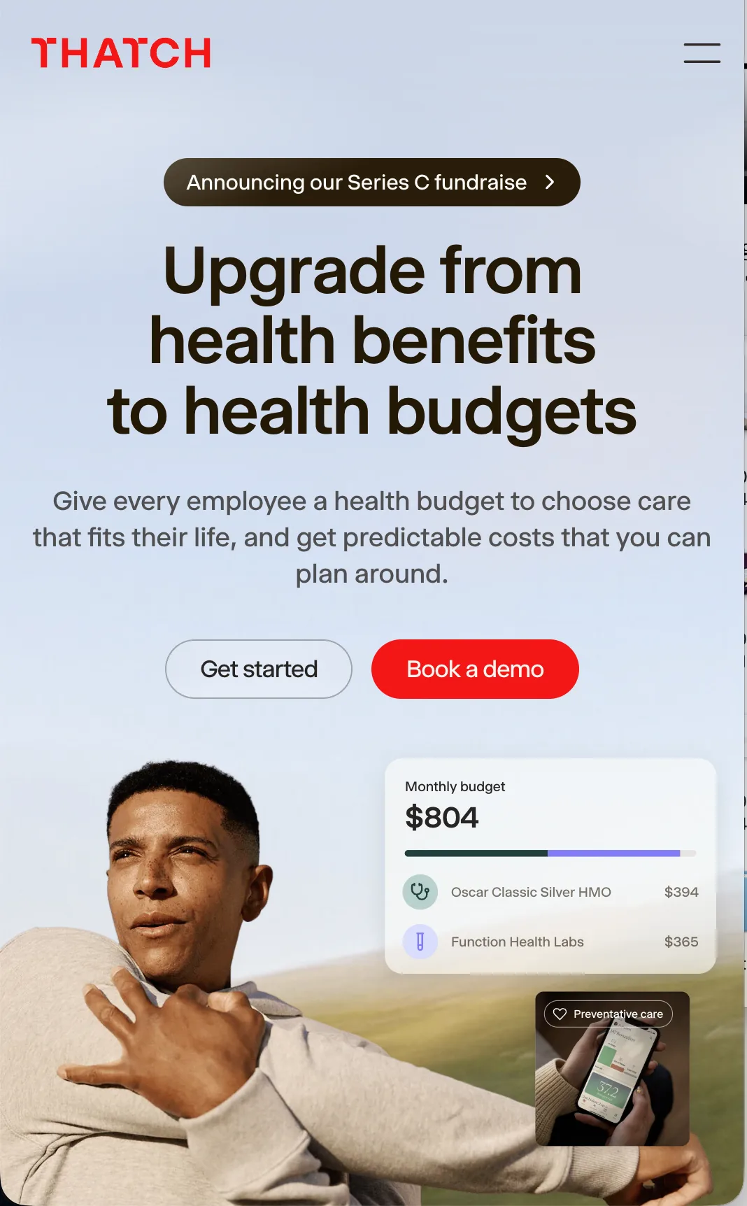 The home page of Thatch with a top bar mobile style navigation