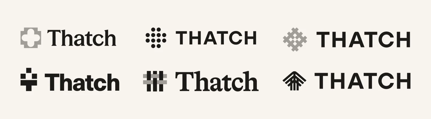 Six early logo concepts, each pairing a different mark with the Thatch name: a rounded cross, a dot grid, a woven diamond, a bold cross, a hashed weave, and a thatched-roof mark