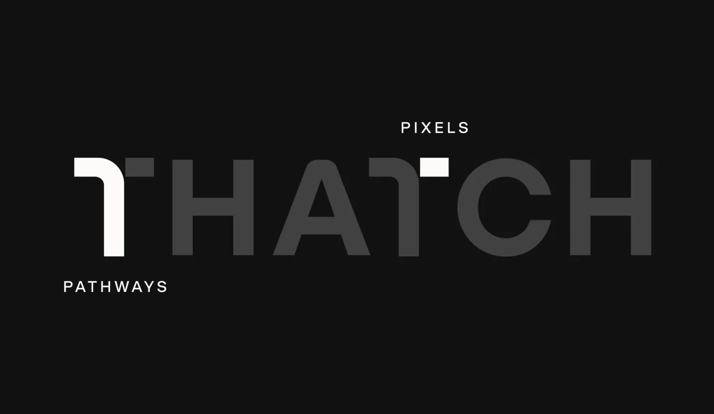 The THATCH wordmark on black, with the custom T highlighted in white — labeled "pathways" at the bottom of the stem and "pixels" at the crossbar
