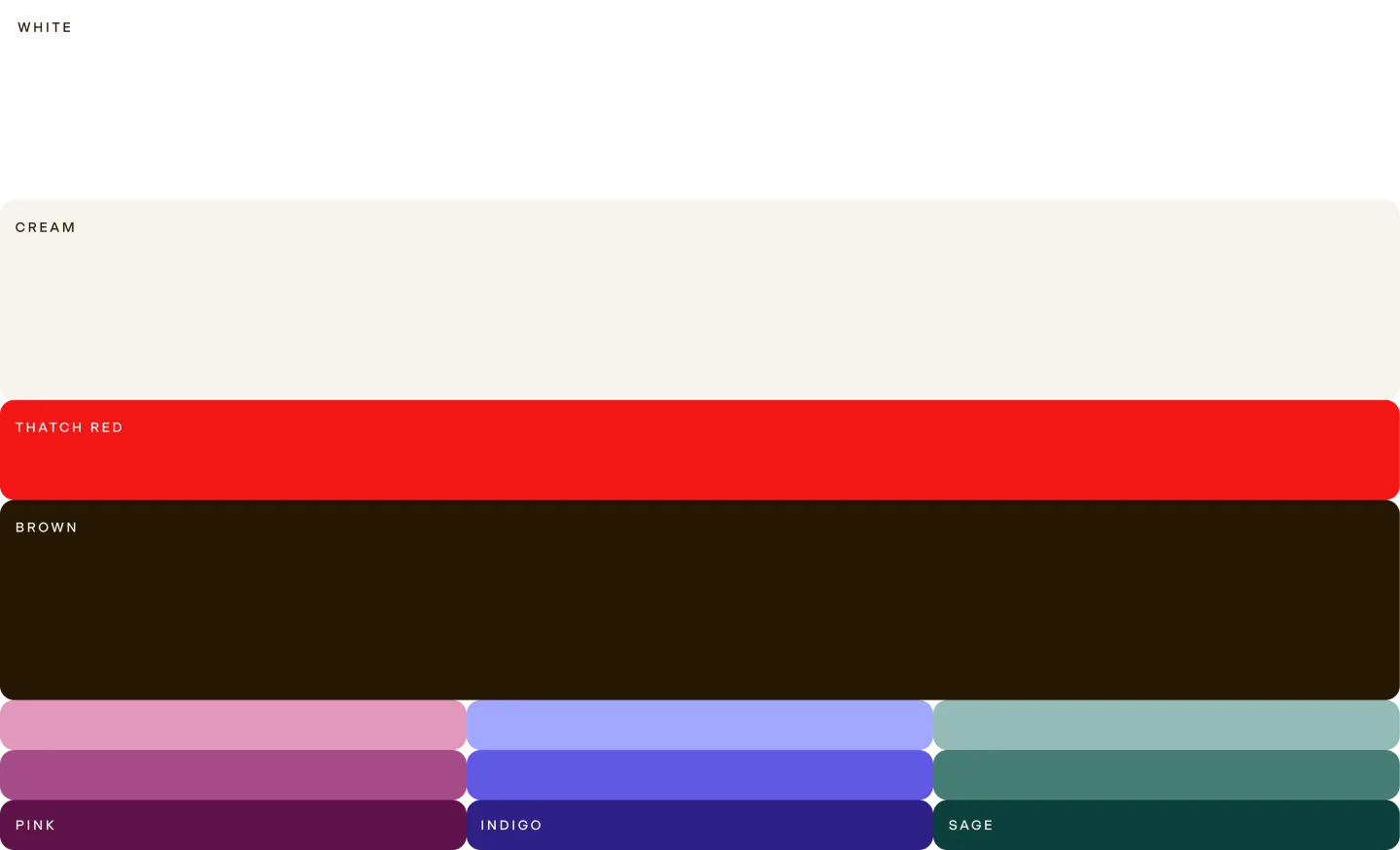The core Thatch palette as stacked swatches: white, cream, Thatch Red, brown, and three-step ramps of pink, indigo, and sage