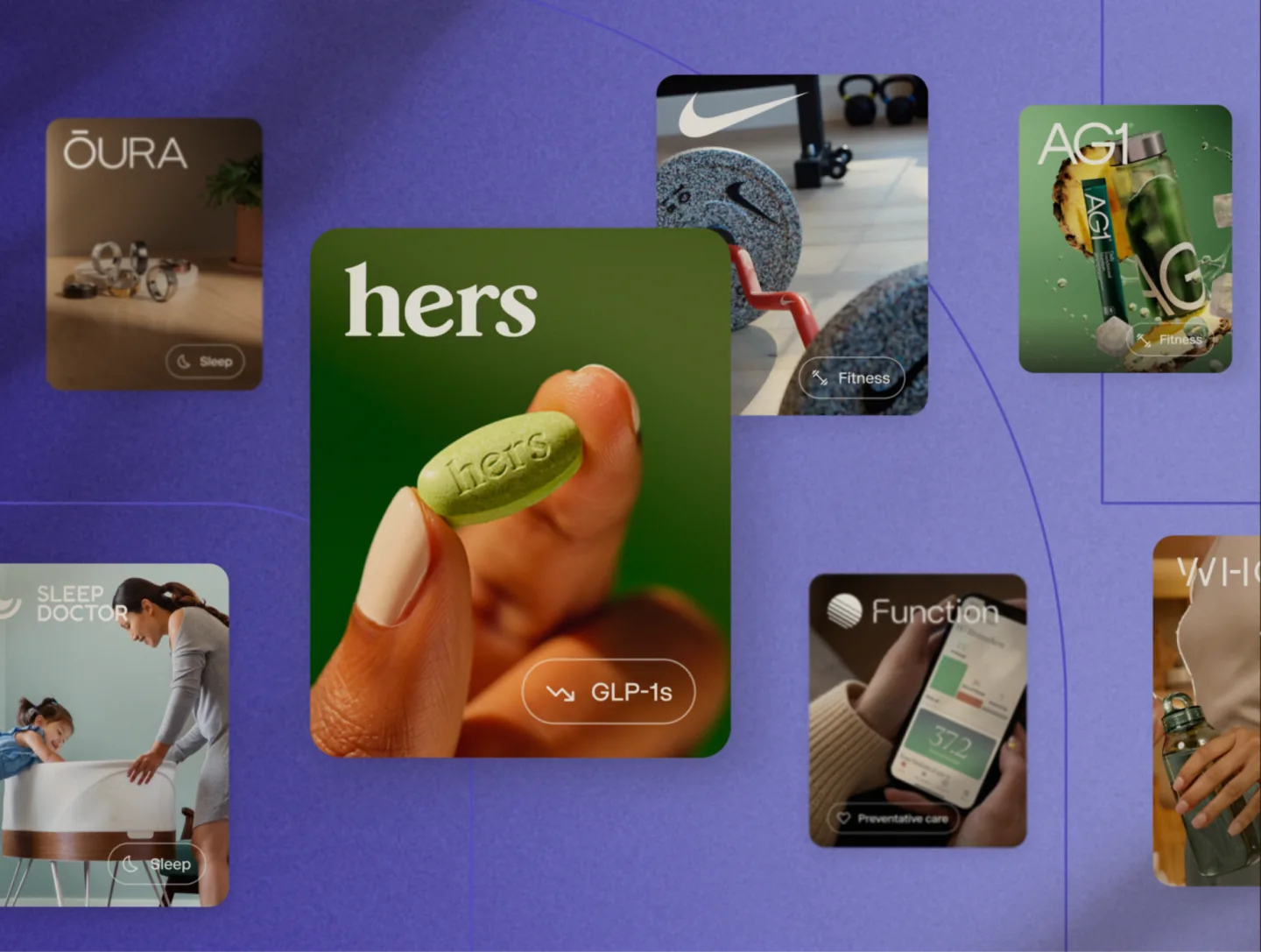 Marketplace cards for Oura, Hers, Nike, AG1, Sleep Doctor, Function, and Whoop floating on an indigo background