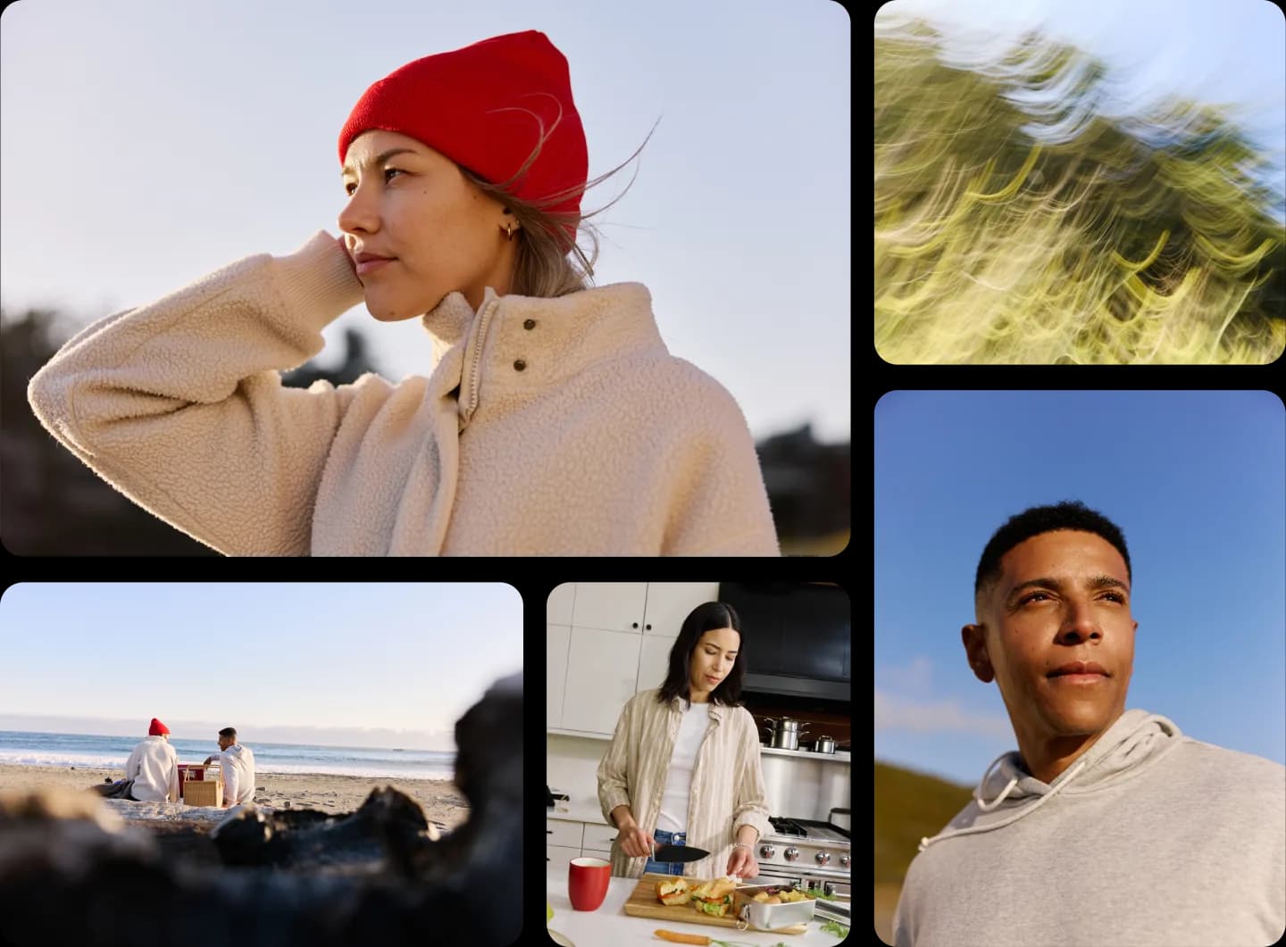 A grid of brand photography from the Marin shoot: a woman in a red beanie on the coast, windblown grass, friends on the beach, someone cooking at home, and a man against an open sky