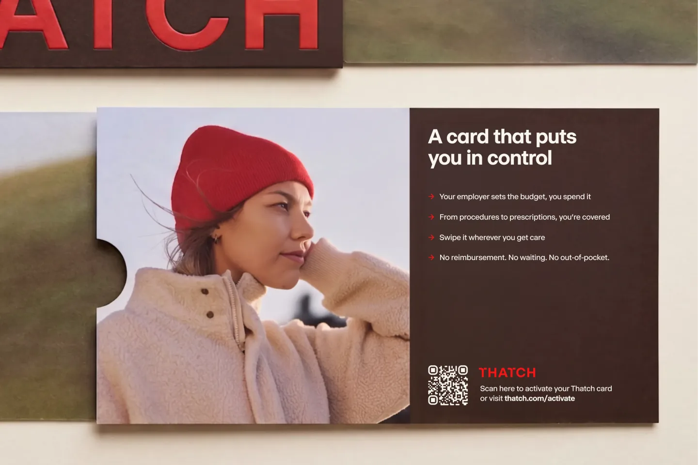 A Thatch card mailer: a woman in a red beanie on the left panel, and "A card that puts you in control" with activation details on the right