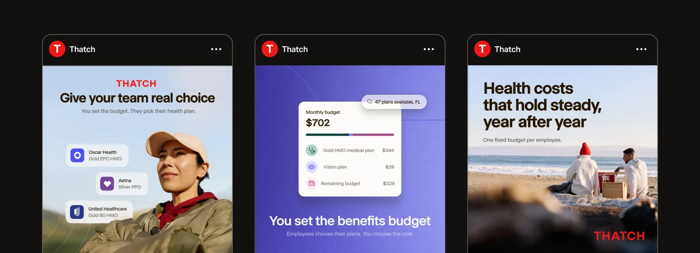 Three social posts: "Give your team real choice", a monthly budget breakdown on indigo, and "Health costs that hold steady, year after year"