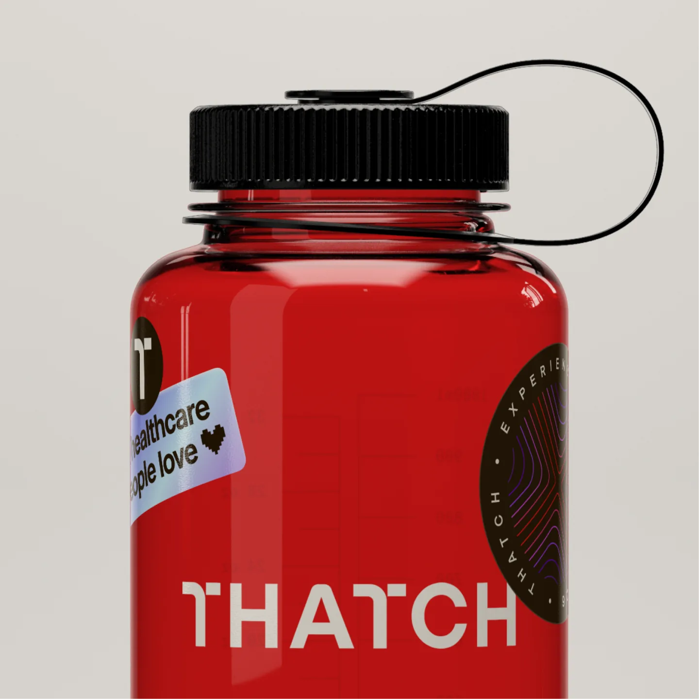 A red Thatch water bottle with the wordmark, a holographic "healthcare people love" sticker, and a circular Thatch badge