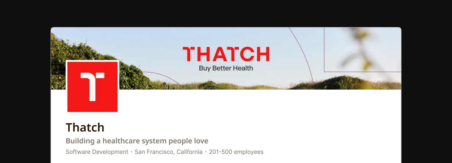 The Thatch company profile on social: a red T avatar over a coastal banner reading "Thatch — Buy Better Health"