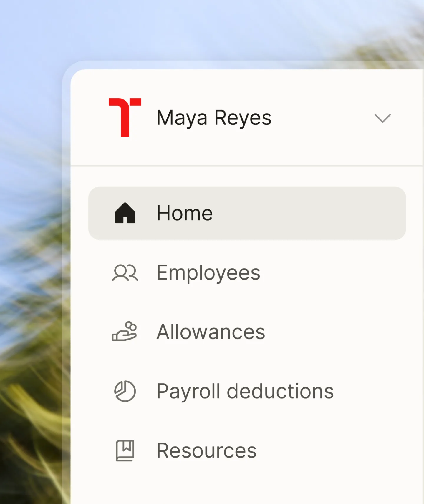 The Thatch sidebar with the red T icon and refreshed icons for Home, Employees, Allowances, Payroll deductions, and Resources