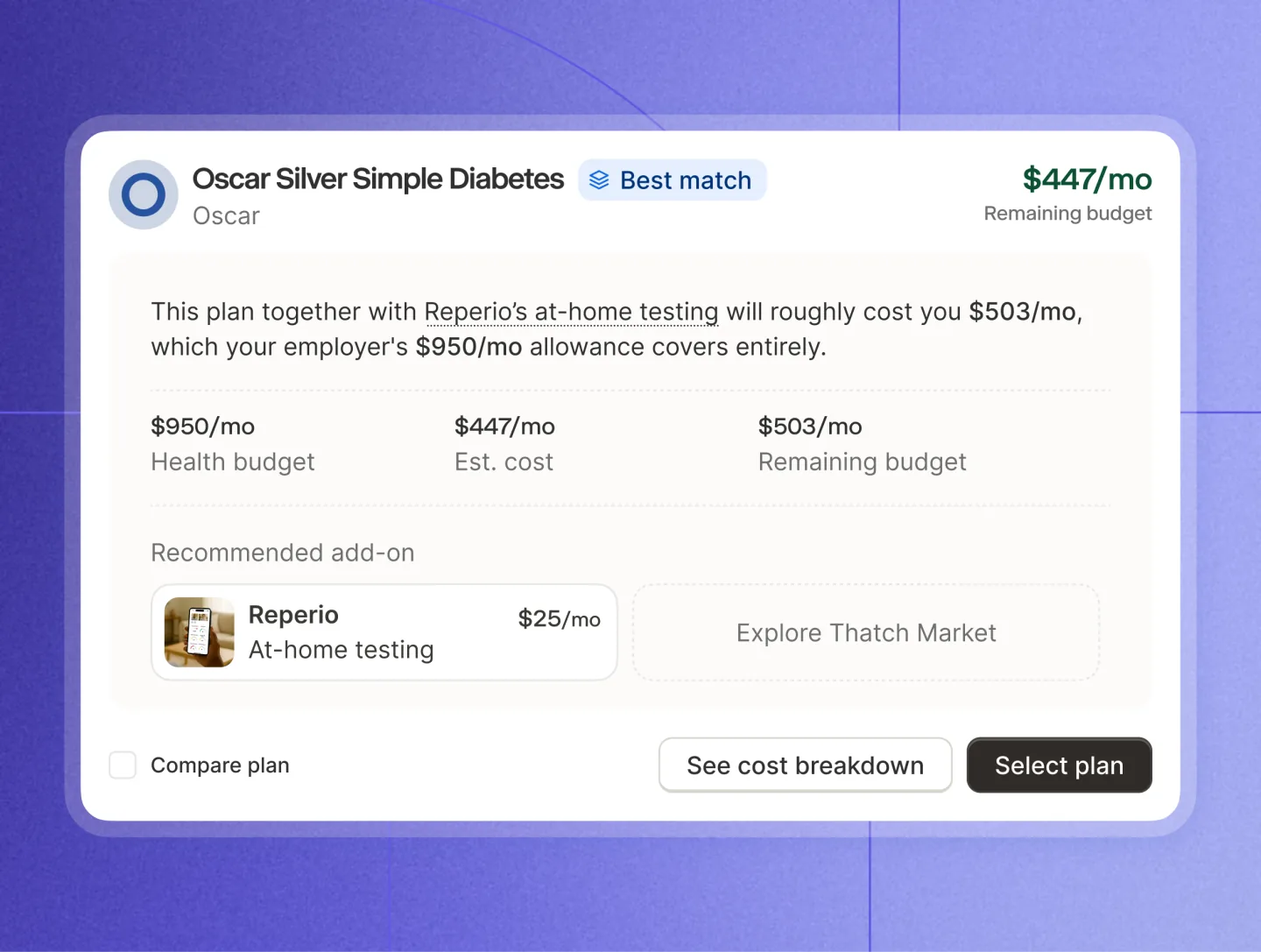 A plan card for Oscar Silver Simple Diabetes marked "Best match", with a budget breakdown and a recommended at-home testing add-on