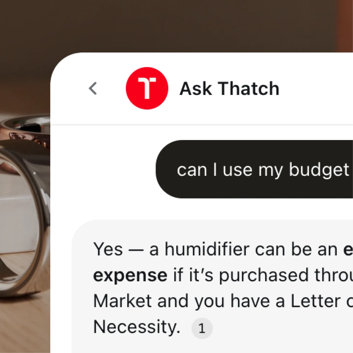 The Ask Thatch chat, with the red circular T icon, answering whether a humidifier is an eligible expense
