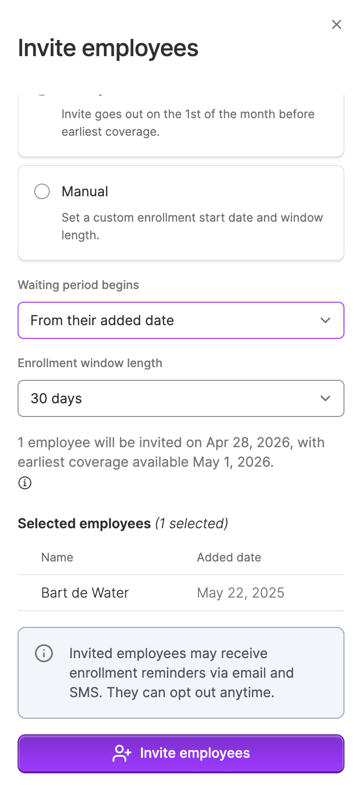 Enrollment window details showing period length, start date, and earliest coverage