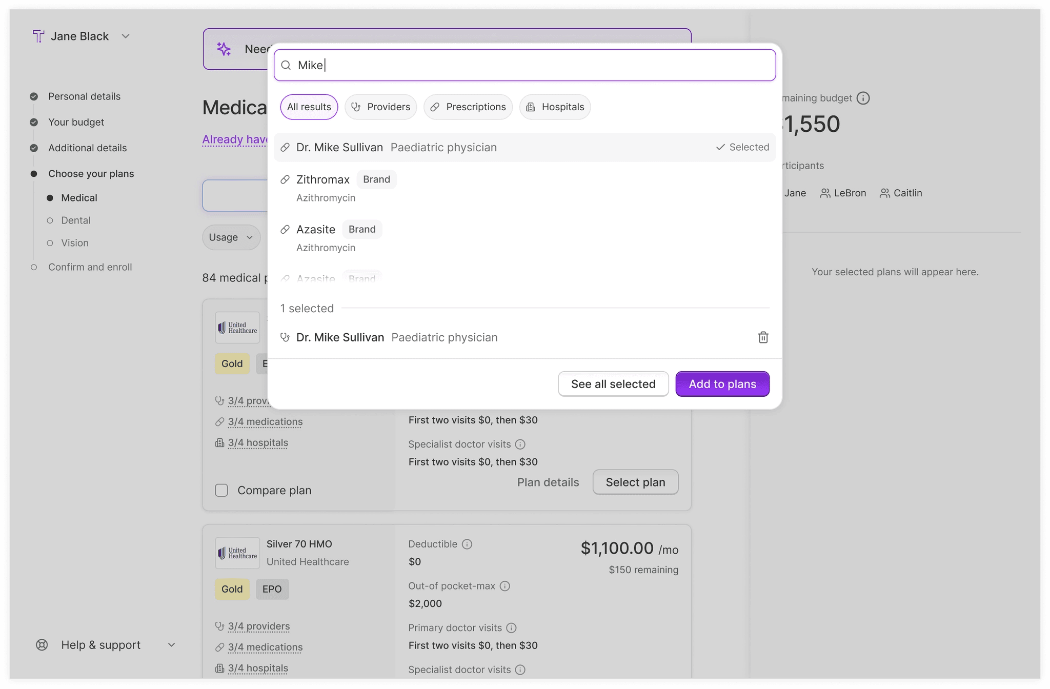 Plan search with network, provider, and drug filters